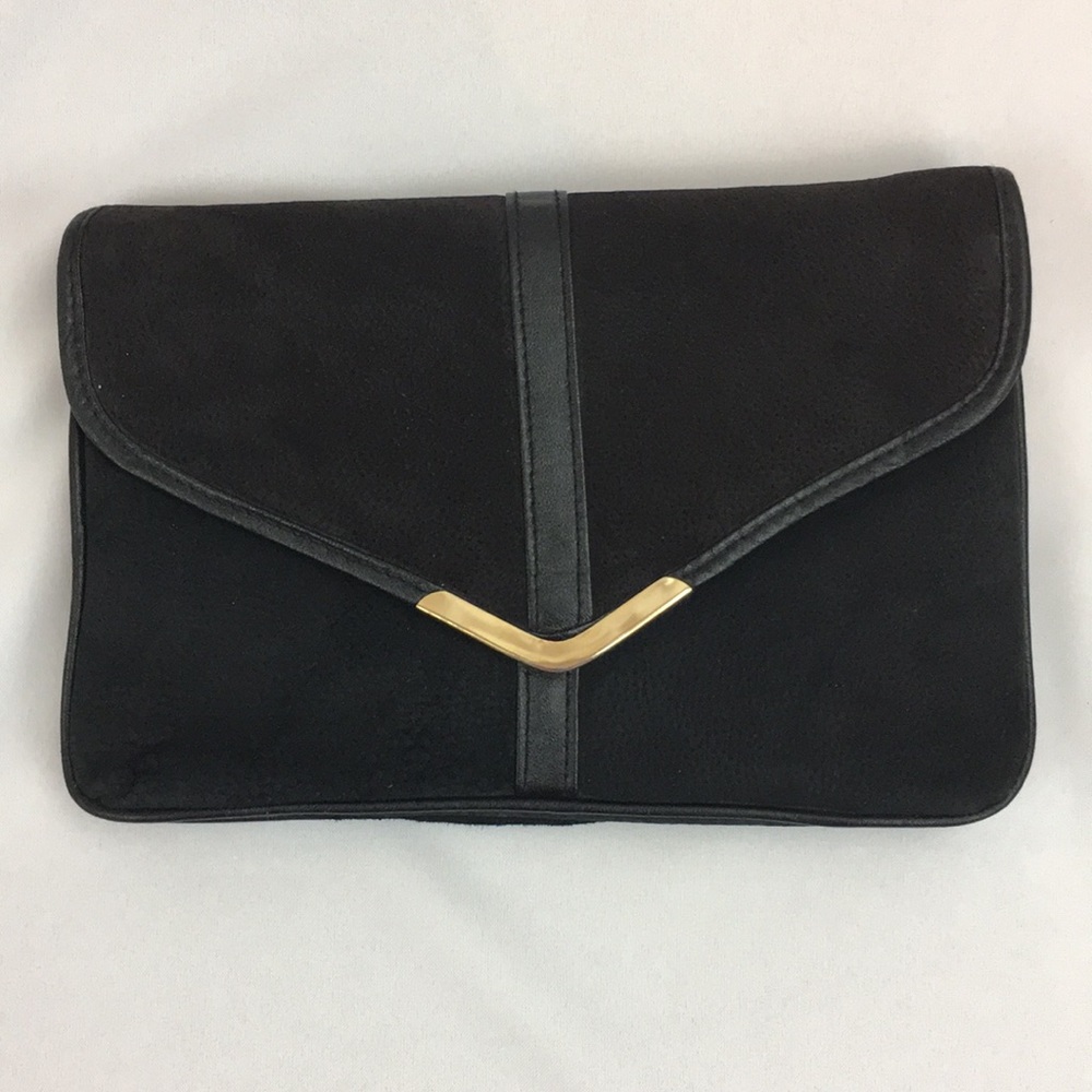 Vintage black leather suede clutch handbag purse
